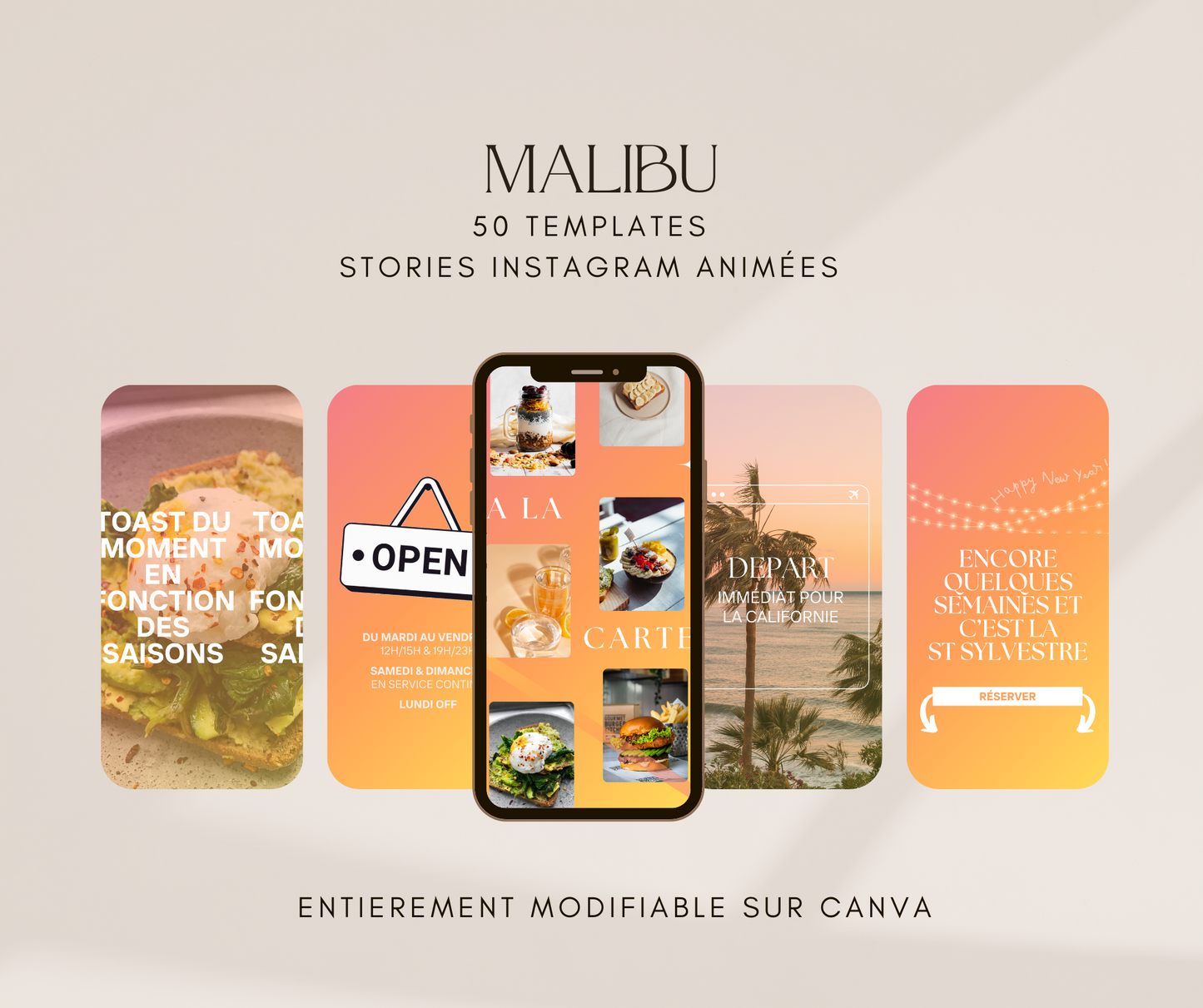 TEMPLATE BUNDLE pour story Instagram - 50 templates animés - modifiables sur Canva - MALIBU STORY